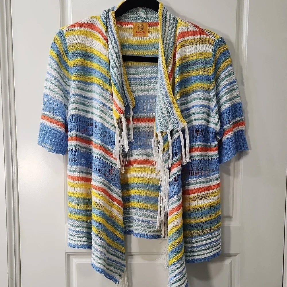 Ruby Rd. Striped Knit Open Front Cardigan Swim Cover